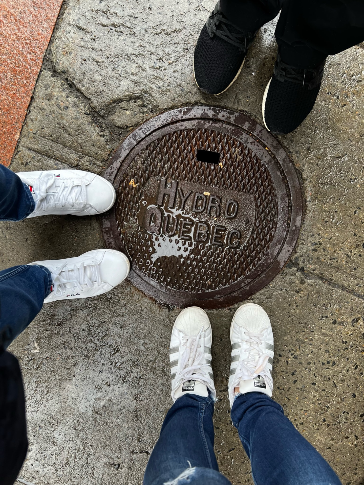Family shoes gathered around a wet Hydro Québec street cover