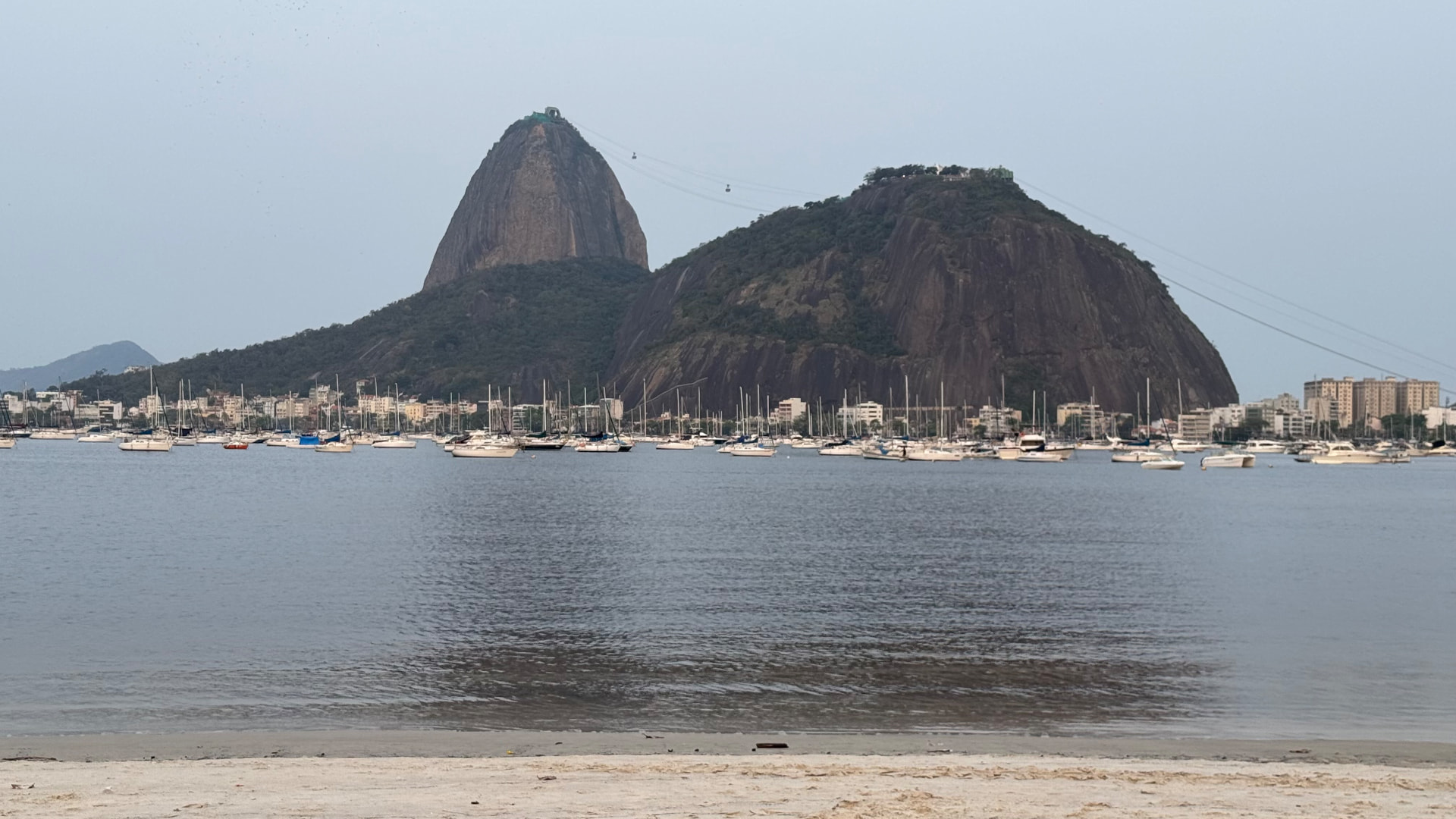 Sugarloaf Mountain and rows of sailboats seen across the water