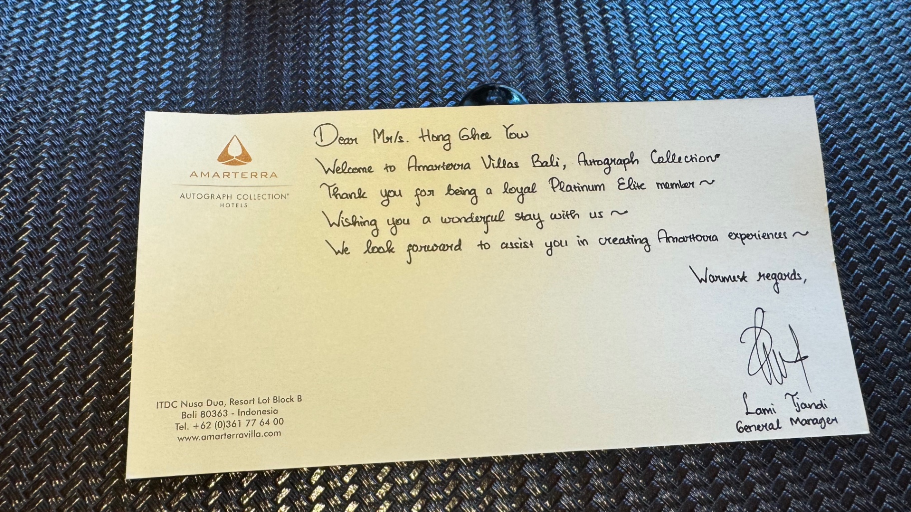 A handwritten welcome card from Amarterra Villas Bali, Autograph Collection