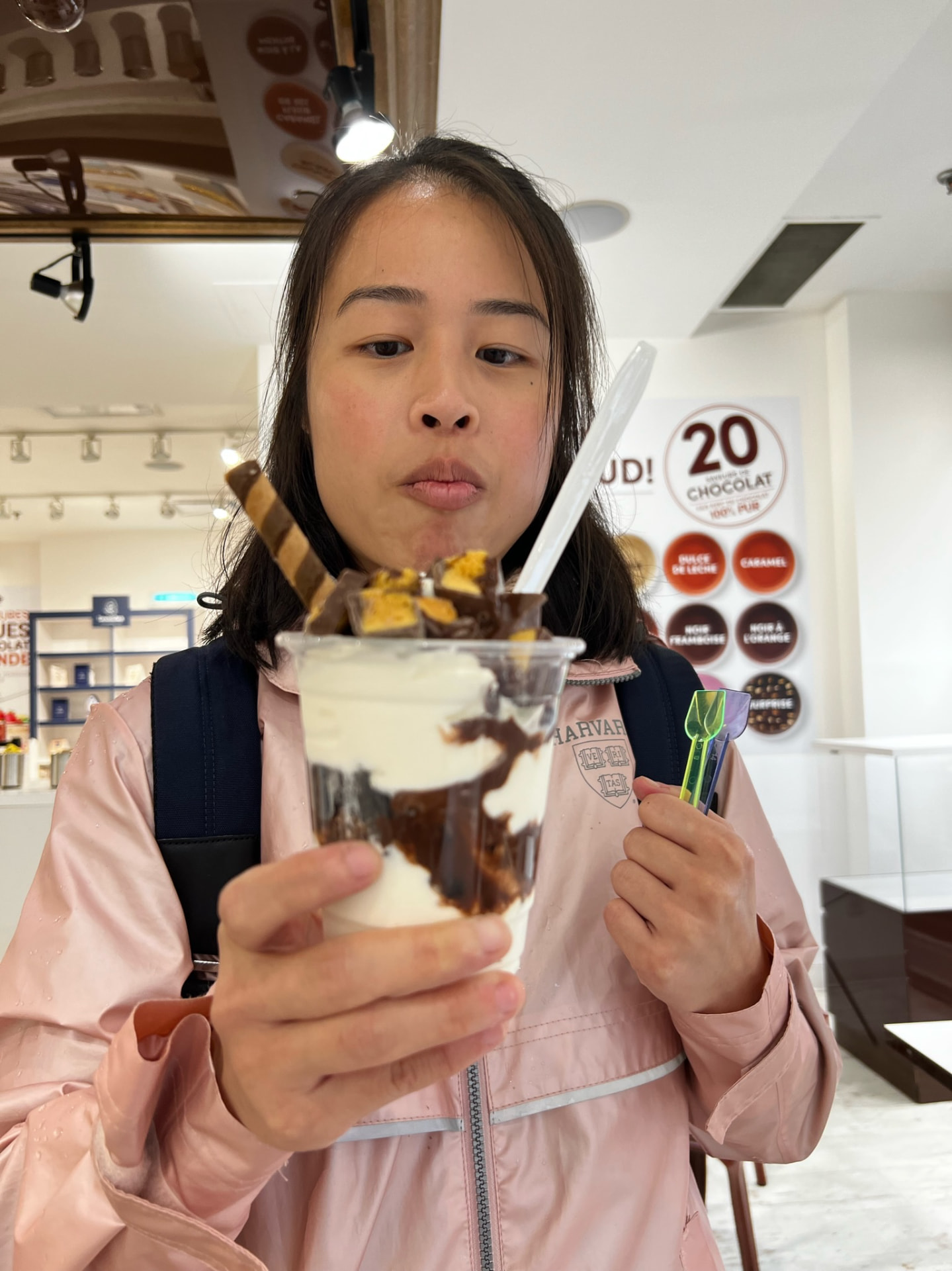 Woman enjoying a chocolate dessert in Québec City