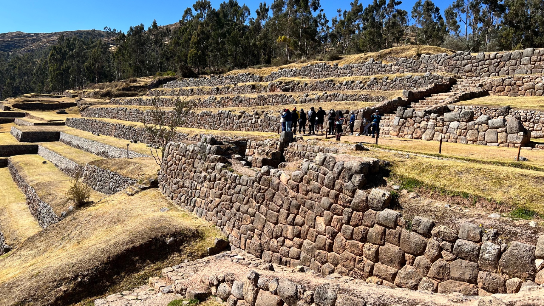 Close view across broad Inca terraces and retaining walls