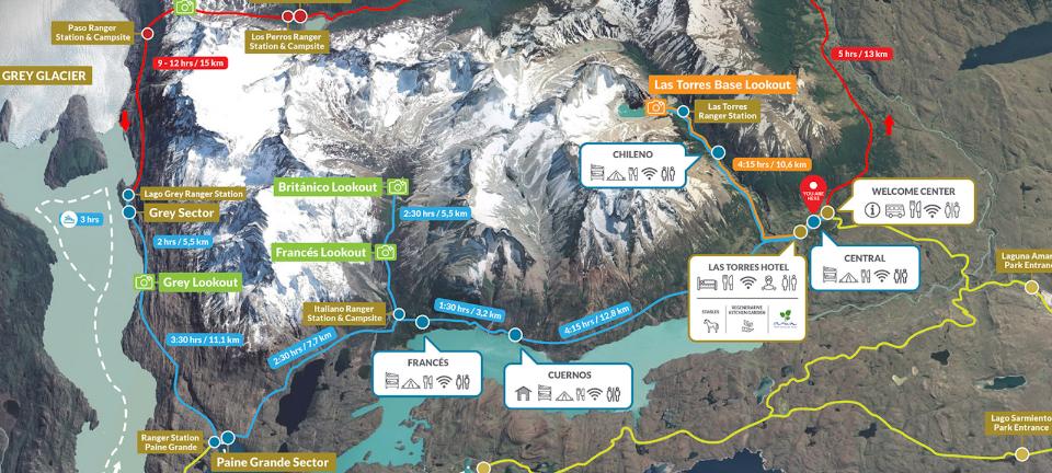 Trail map of Torres del Paine National Park showing the W circuit routes, refugios, lookouts, and hiking times between them