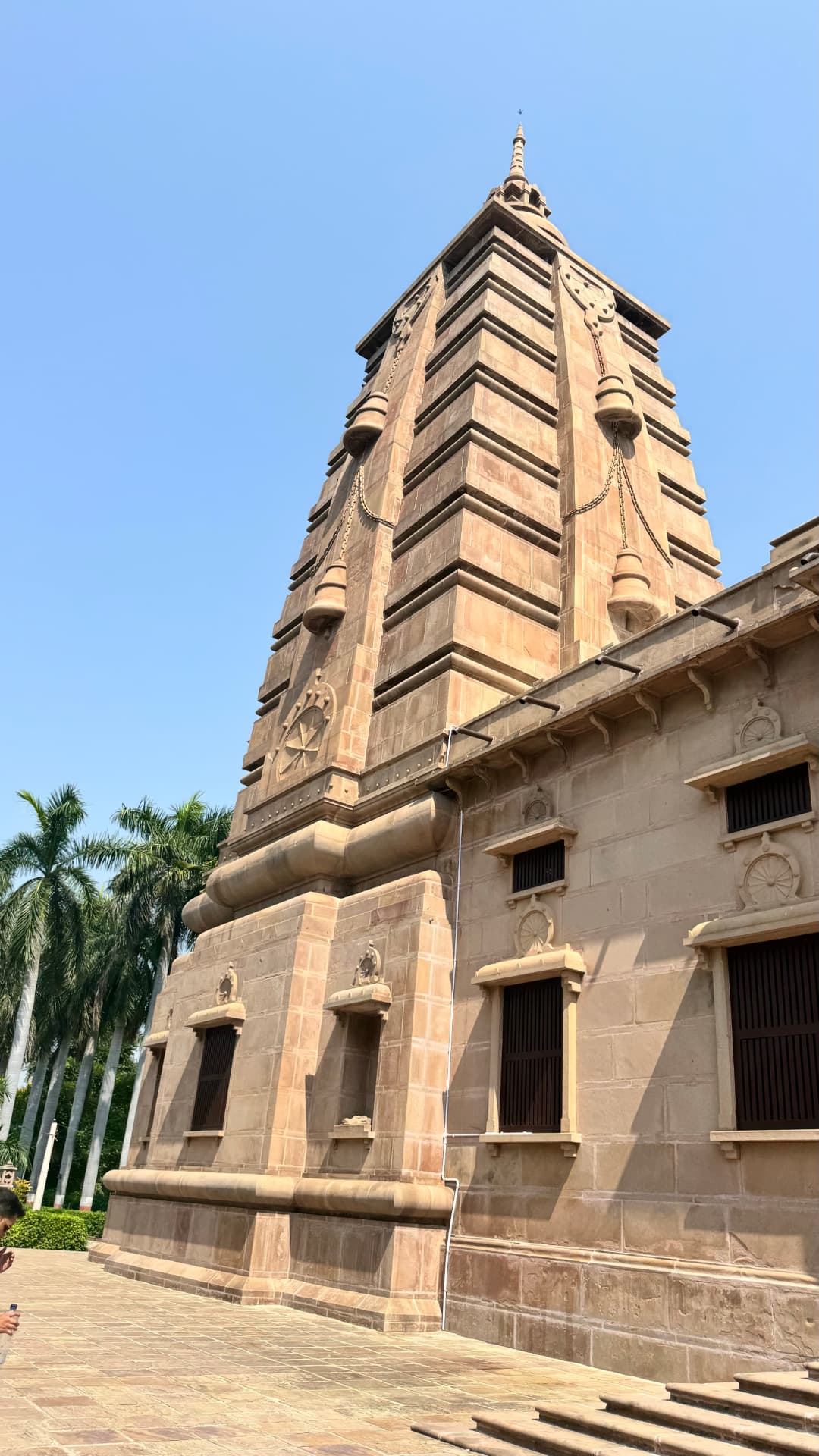 A closer view of the temple’s stepped tower and carved exterior. — Sarnath, Uttar Pradesh, India.