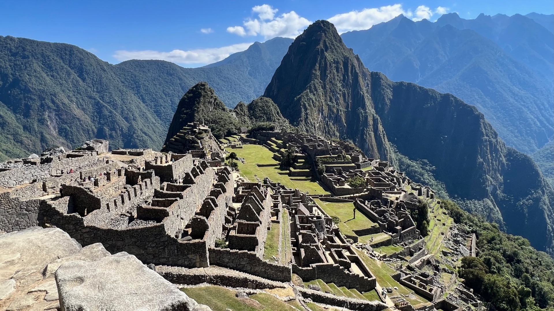 Close panoramic view of Machu Picchu's stone houses and terraces