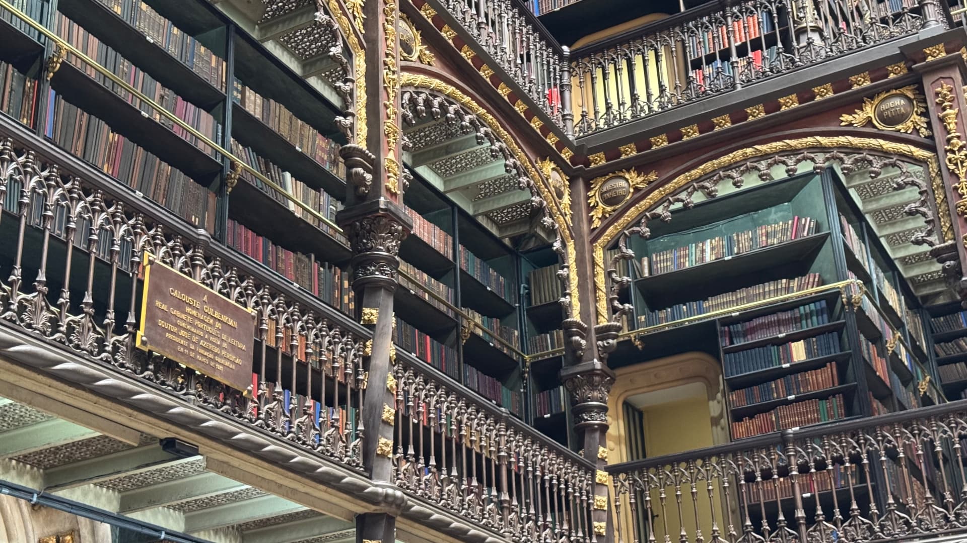 Detailed carved galleries, bookshelves, and ladder inside the reading room