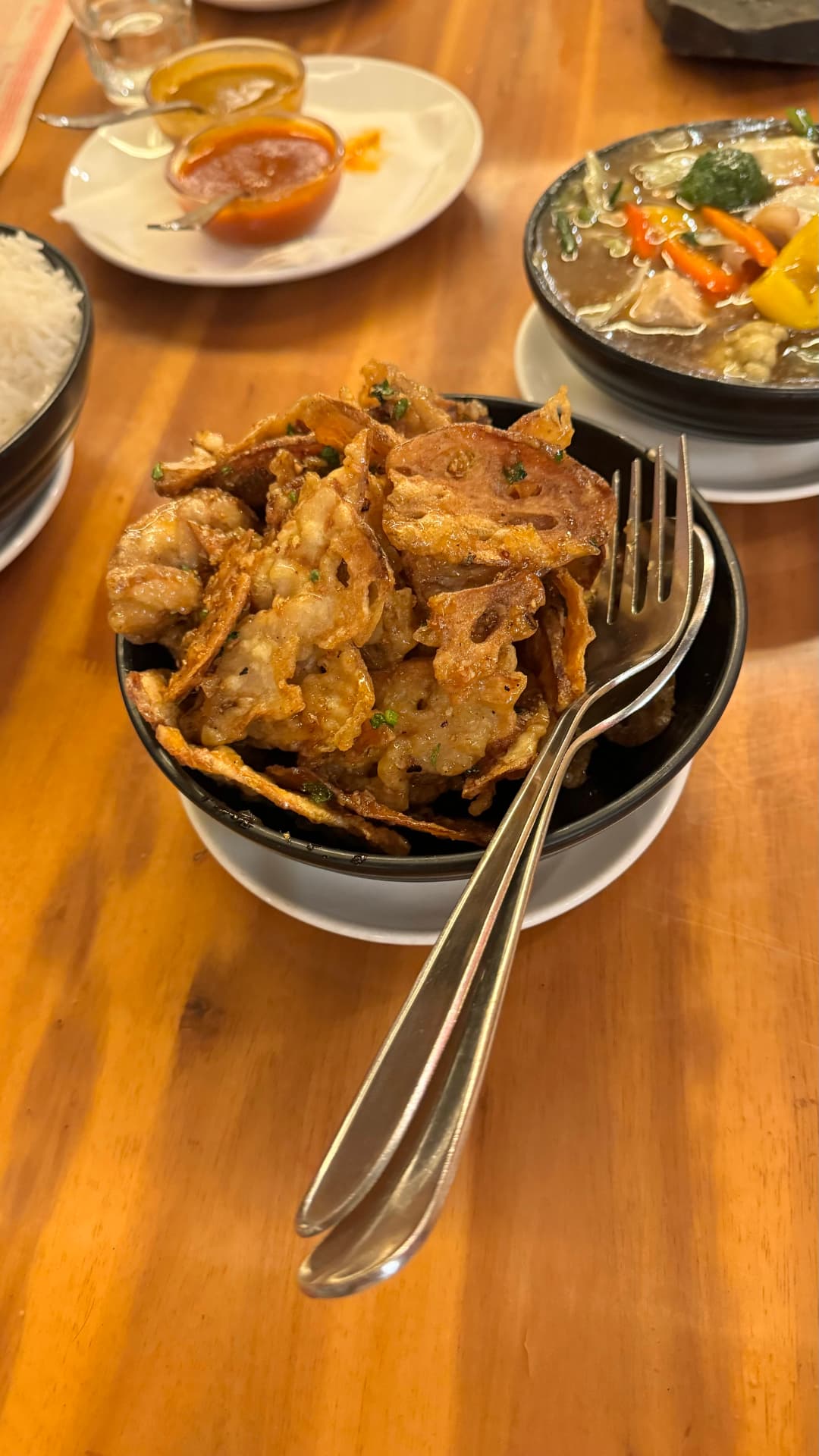 A sizzling dish arrives at the table during a meal stop. — Varanasi, Uttar Pradesh, India.