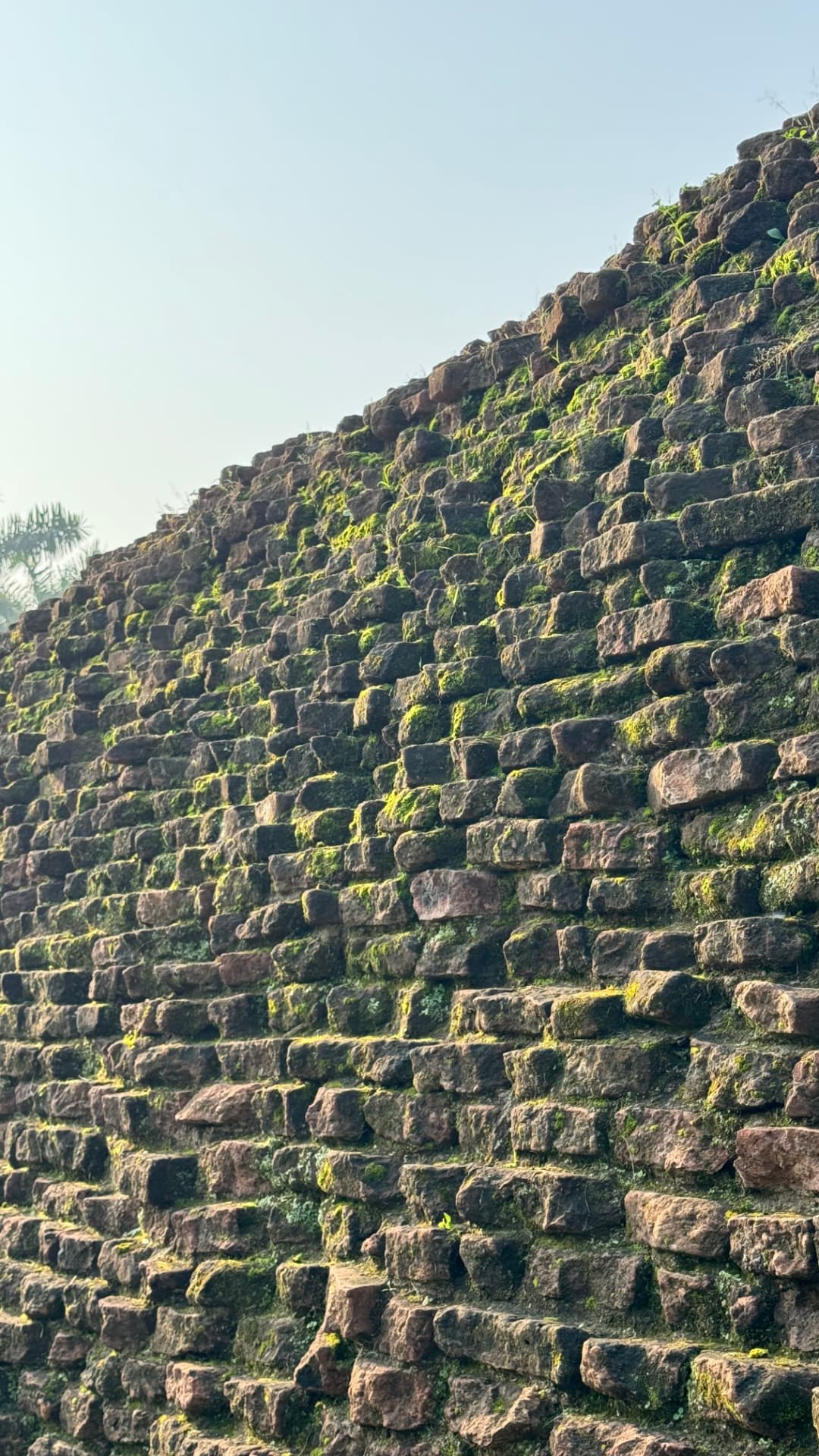 A close view of the stupa’s sloping brickwork and patches of greenery. — Kushinagar, Uttar Pradesh, India.