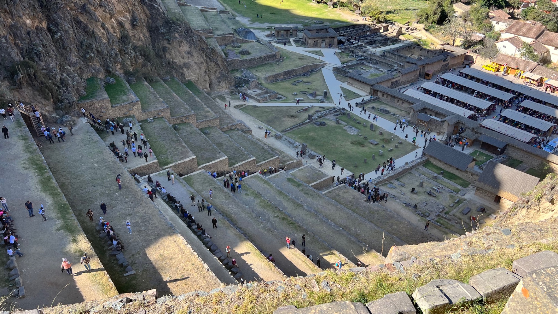 High view over the terraces and settlement at Ollantaytambo