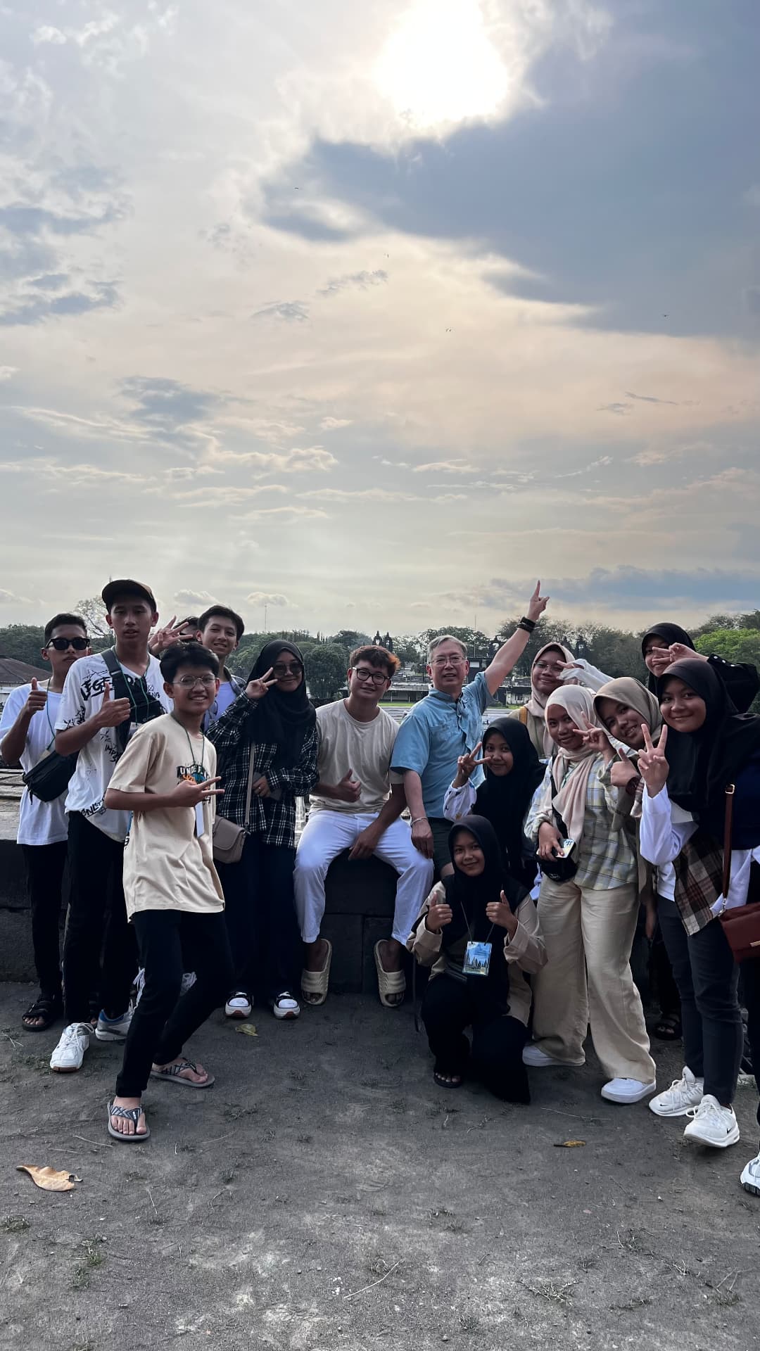 Group portrait of travelers at Prambanan