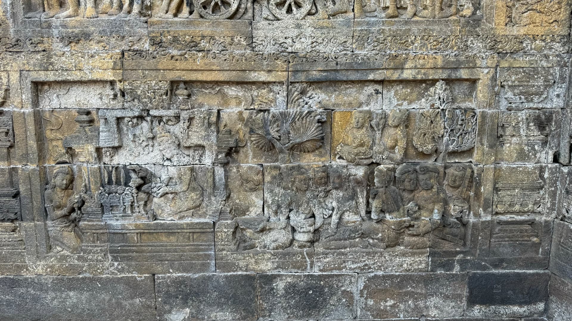 Weathered narrative relief on Borobudur's walls
