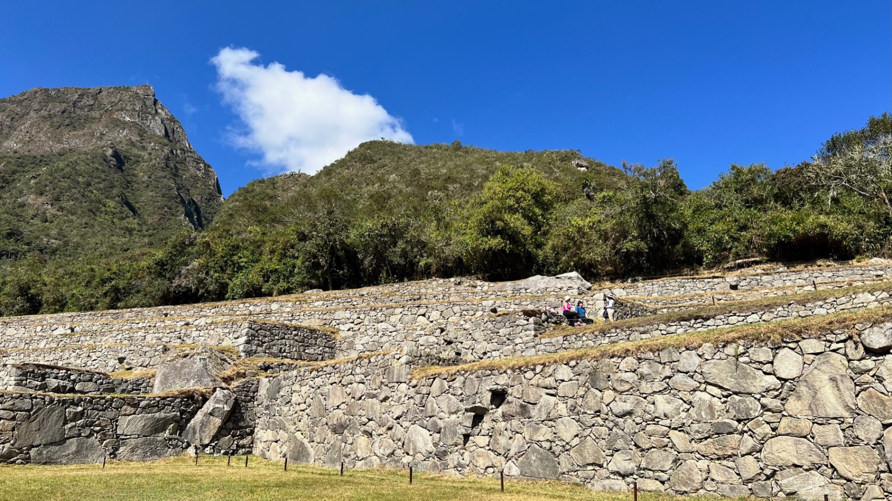 Precisely built stone terraces rising beneath a brilliant blue sky at Machu Picchu