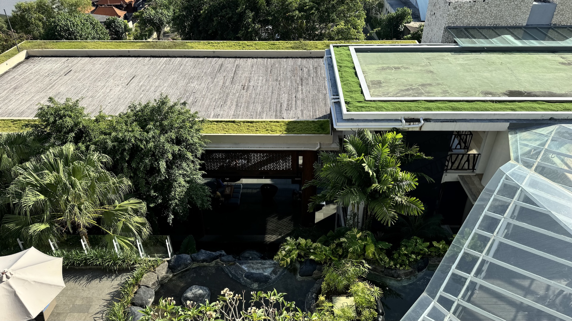 View from above of grass-topped roofs, palms and a garden pond at the resort