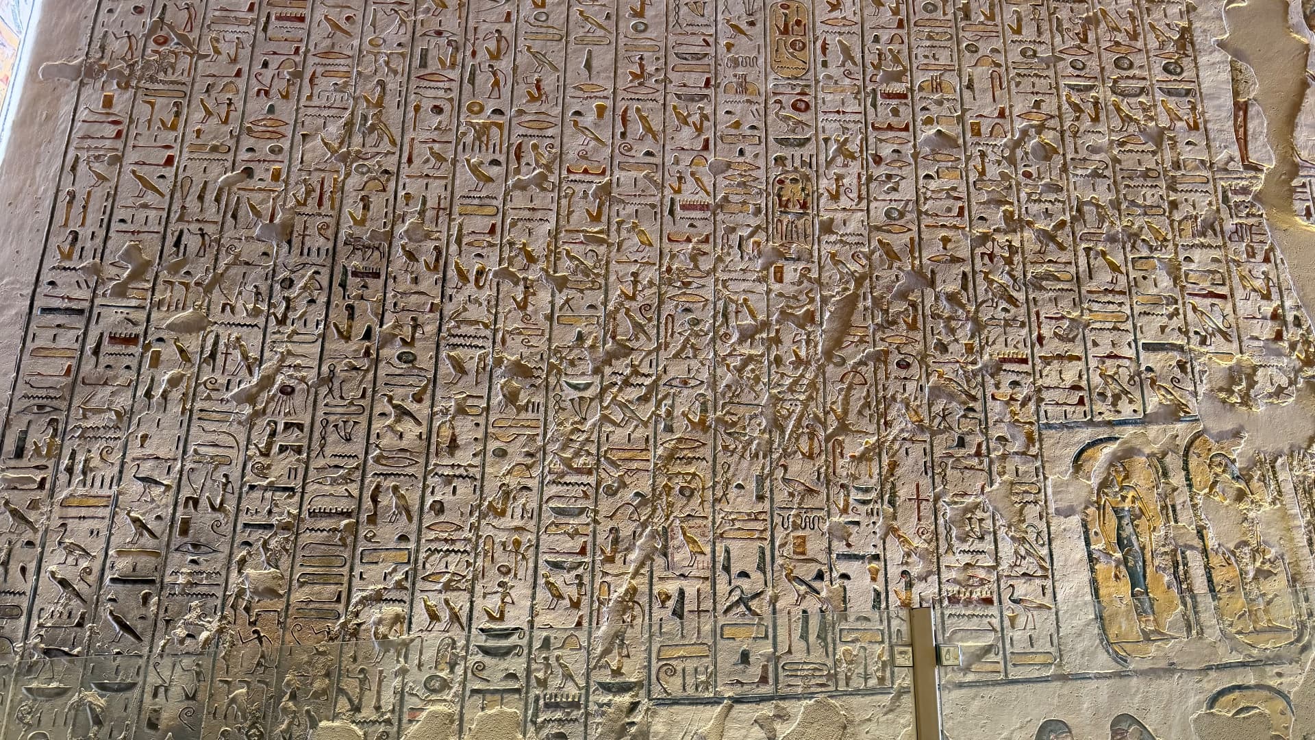 Dense columns of carved and painted hieroglyphs covering a tomb wall