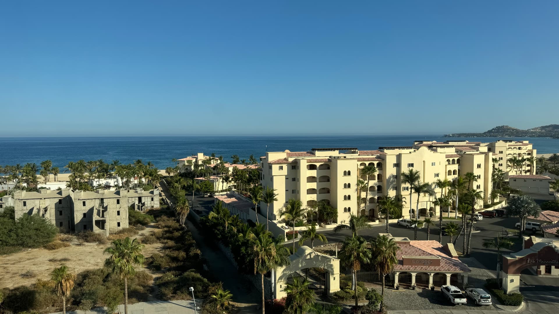 View across palm trees and resort buildings to the blue Sea of Cortez