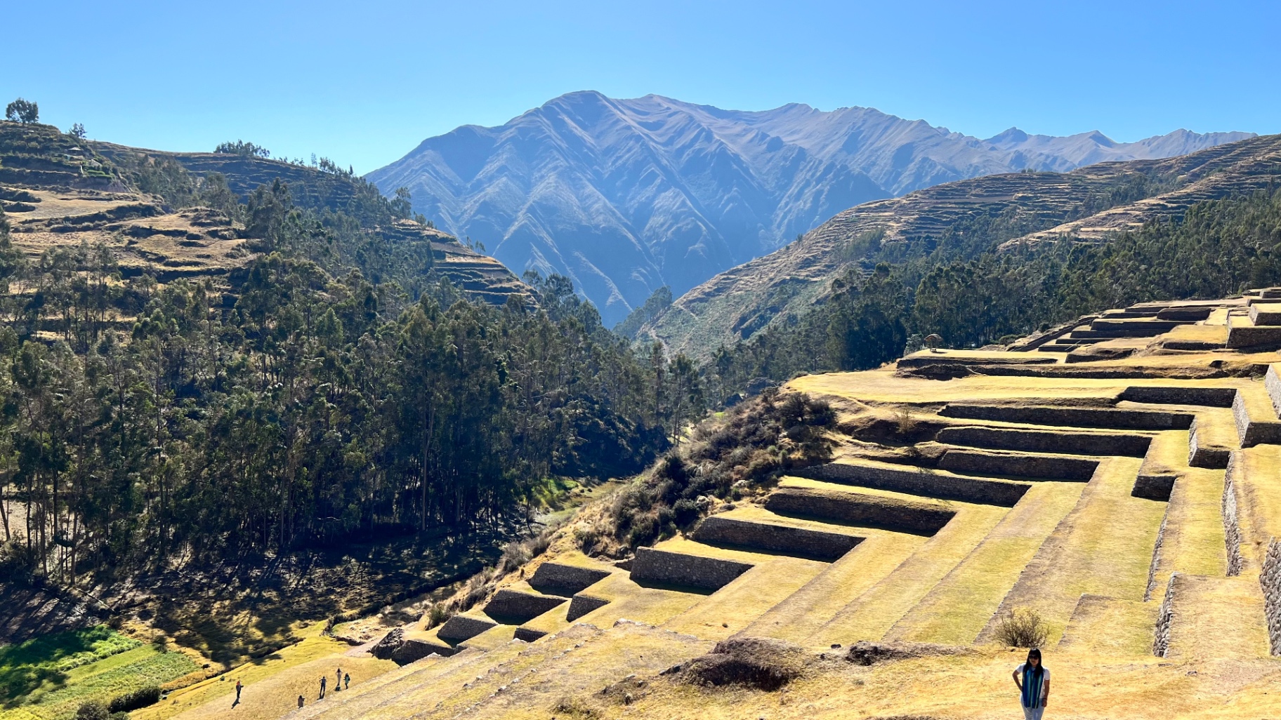 Ancient agricultural terraces stepping down a Sacred Valley mountainside