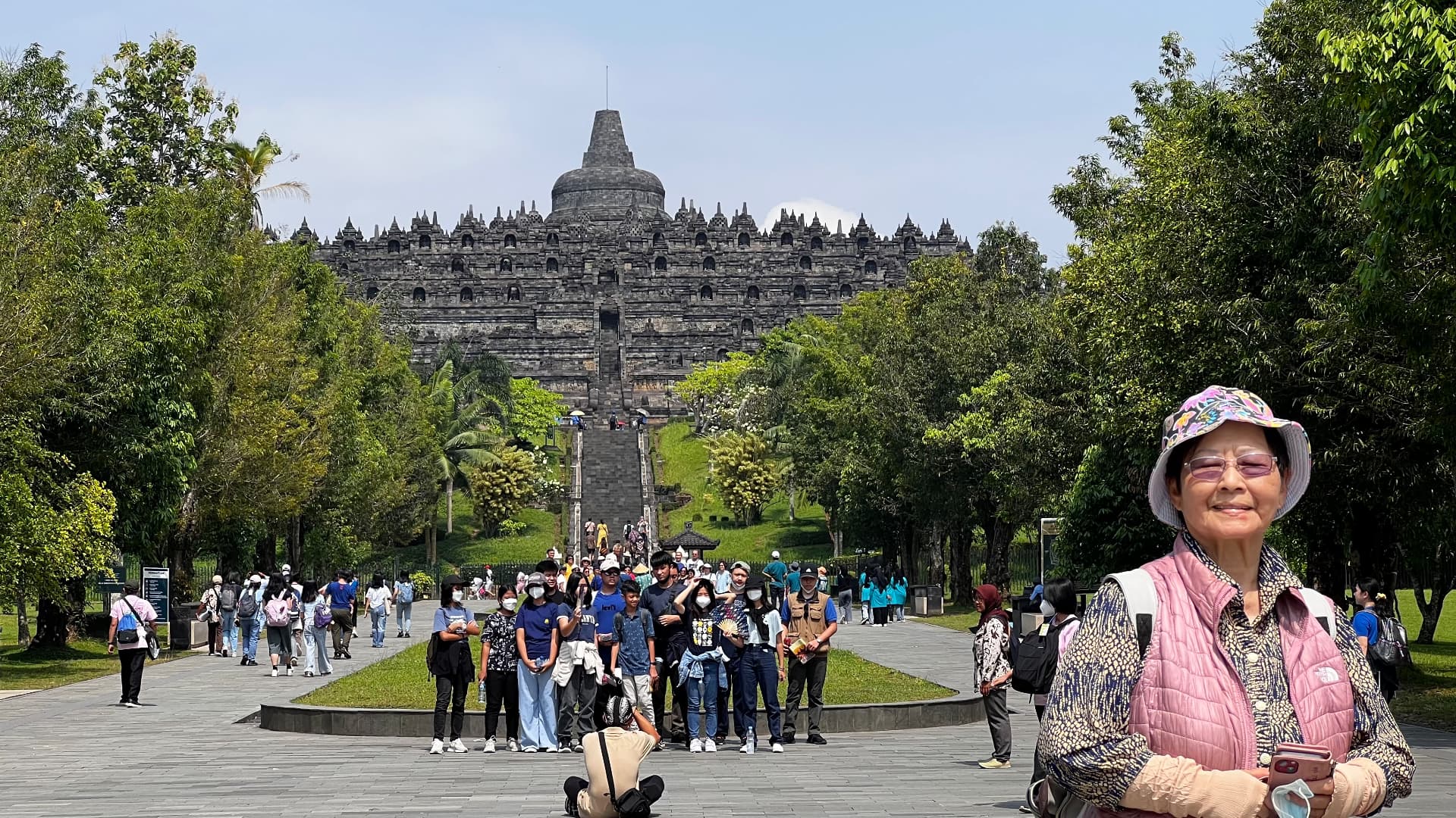 A family member standing on the approach to Borobudur
