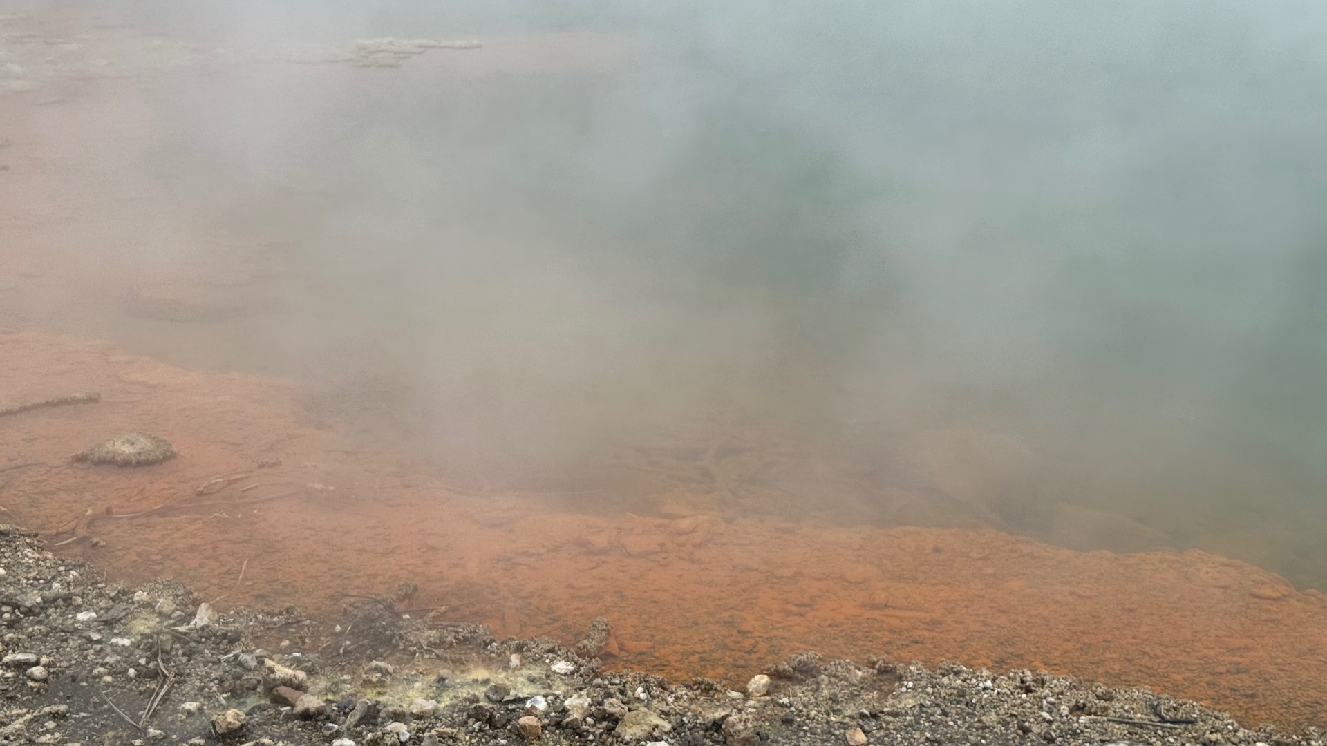 Close view of a bright orange sinter shelf beside a steaming thermal pool