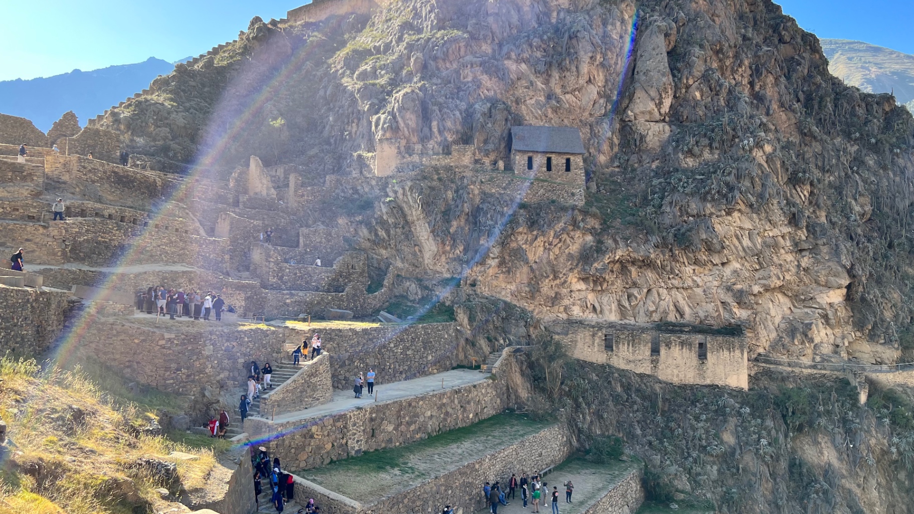 Inca storehouses built high into the mountainside above Ollantaytambo