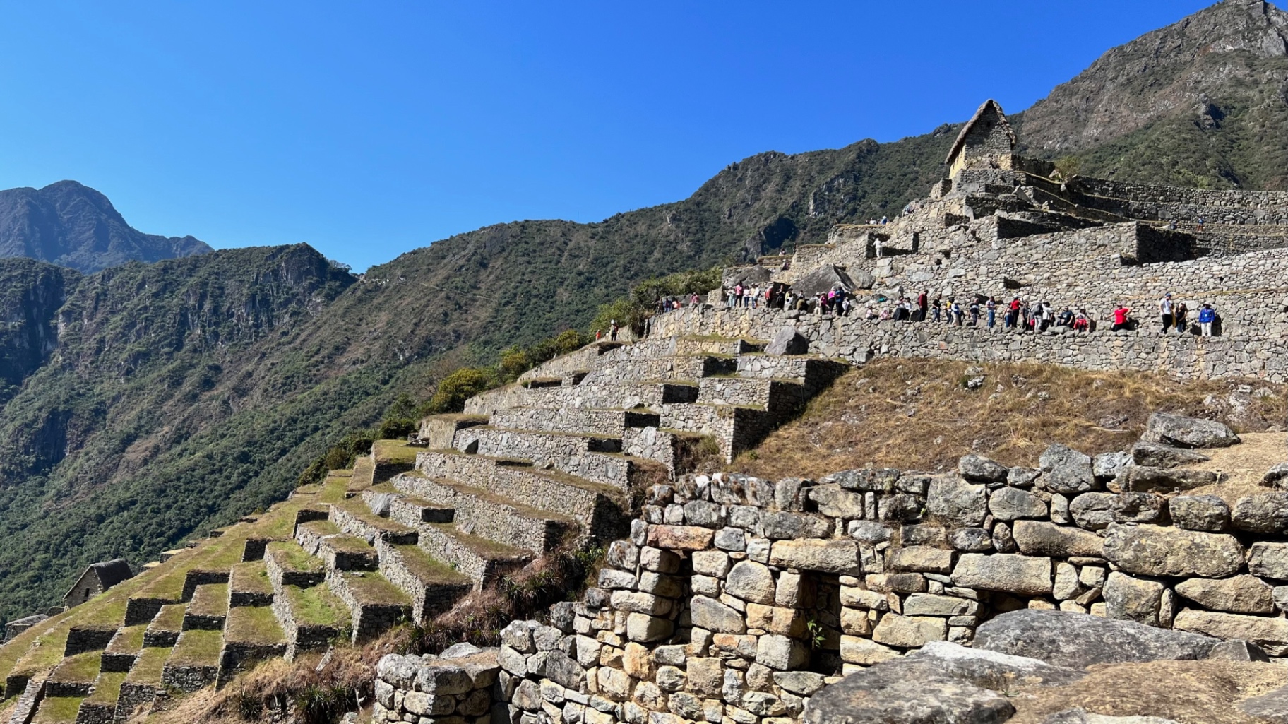 Agricultural terraces and stone buildings stepping down the mountainside at Machu Picchu