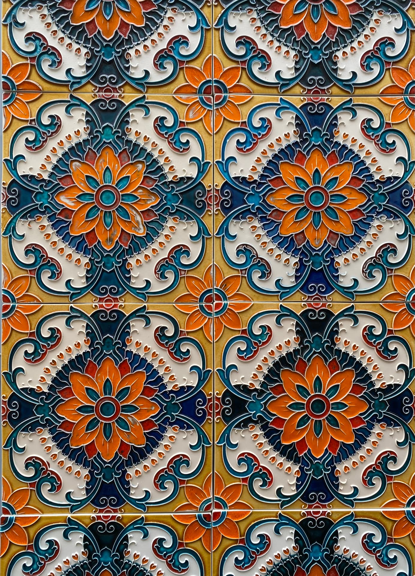 A panel of traditional Portuguese tiles with floral patterns