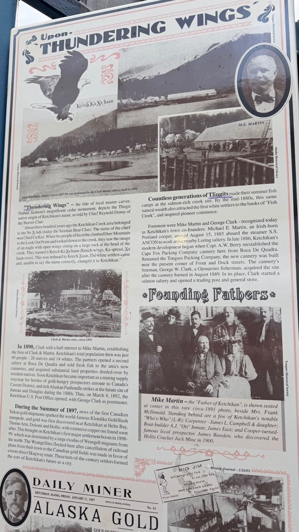A historical panel titled Upon Thundering Wings telling the Tlingit origin of Ketchikan's name and the story of the town's founders