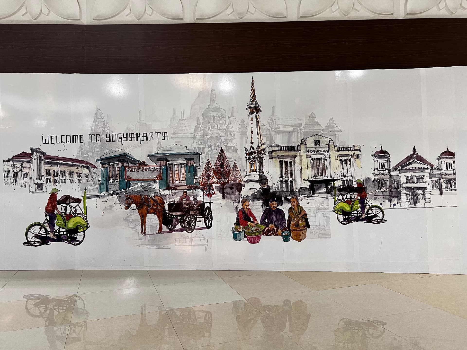 Illustrated mural of Yogyakarta street life