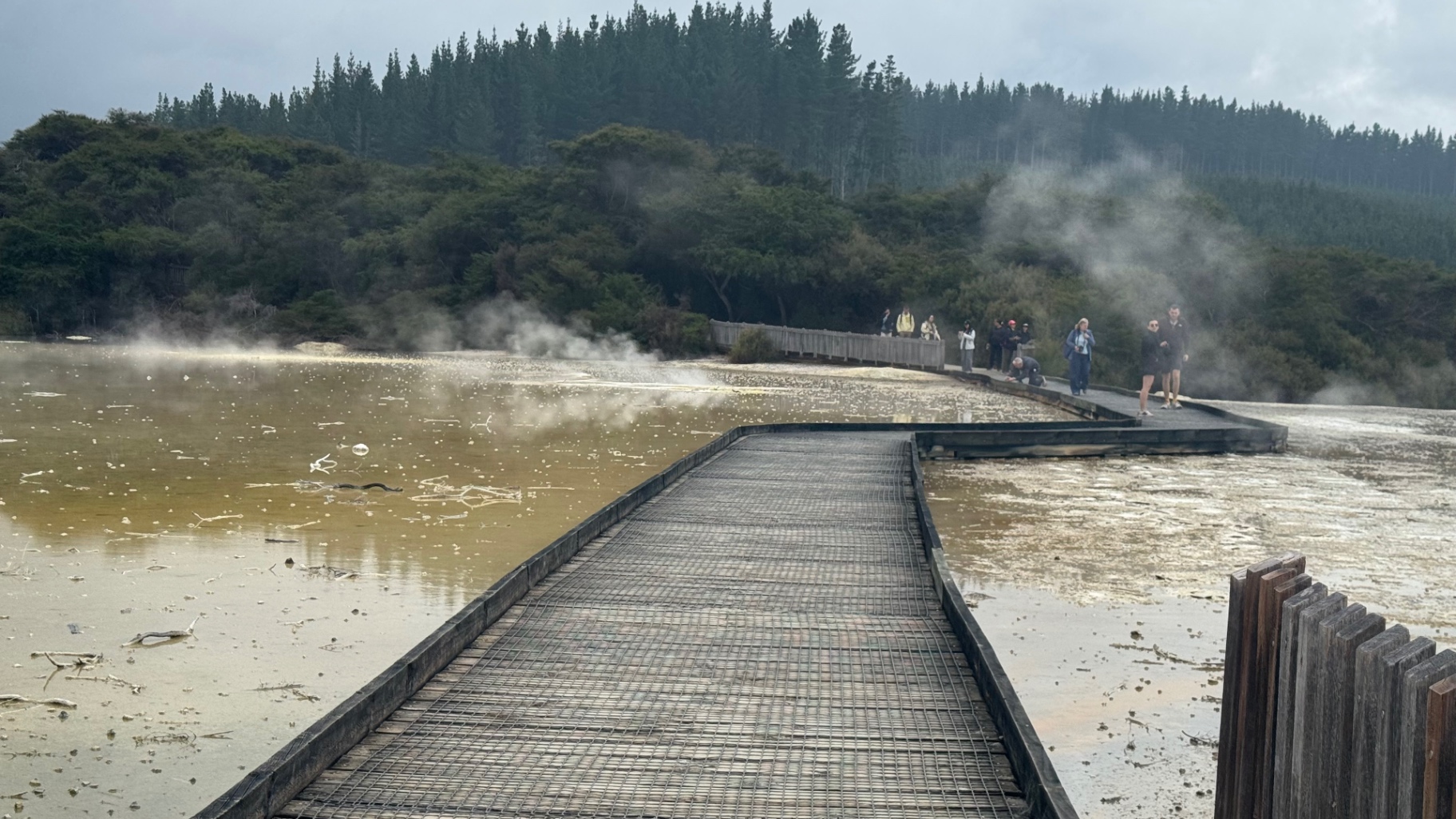 A boardwalk crossing a steaming geothermal pool with visitors walking along the far section