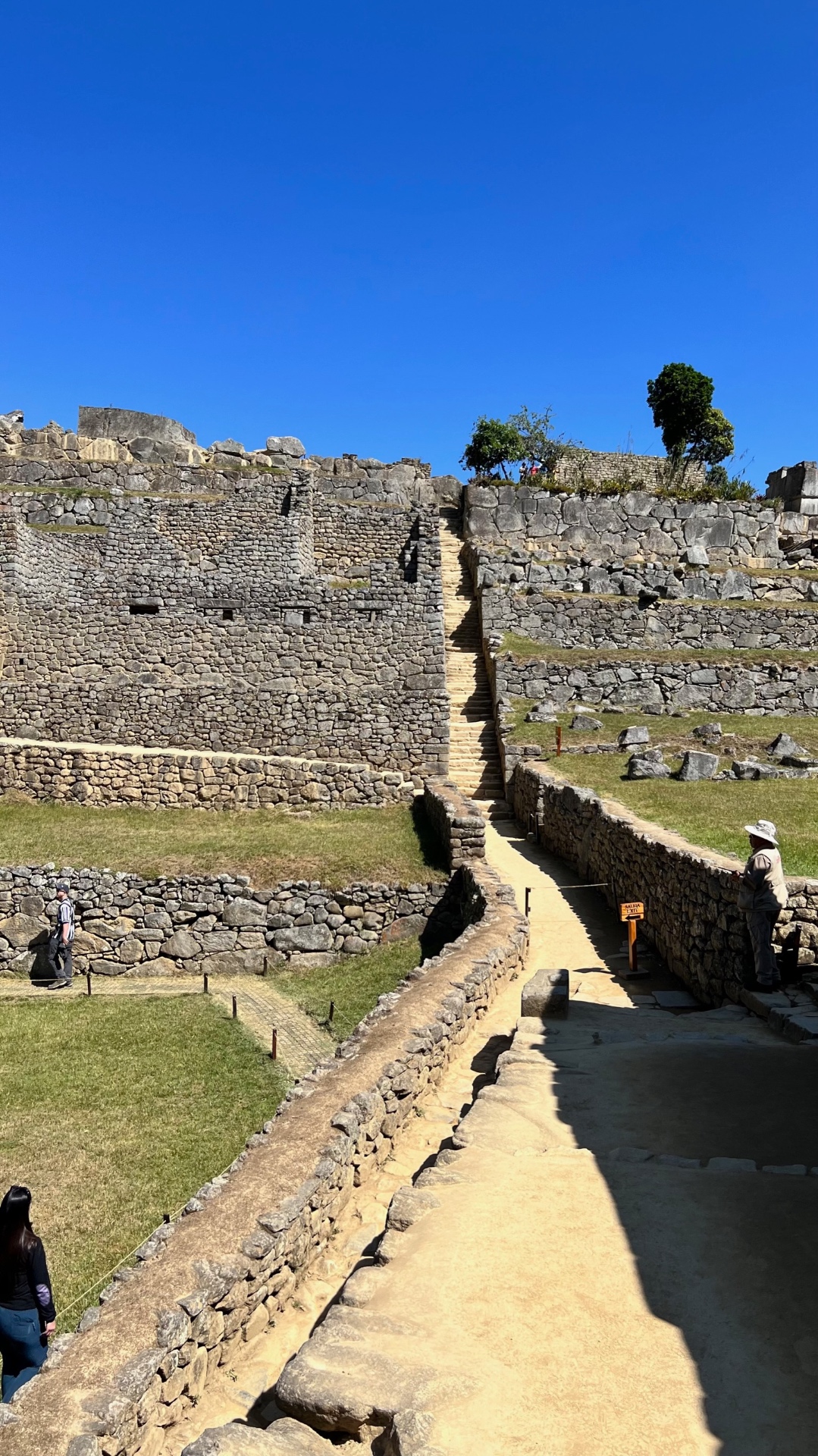 Narrow stone stairway rising between terraces and ancient walls