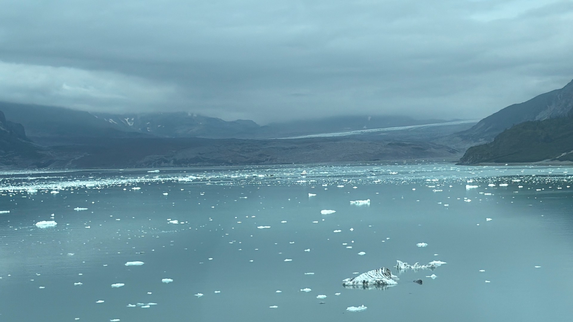 Floating pieces of ice covering the water before a distant glacier under low clouds