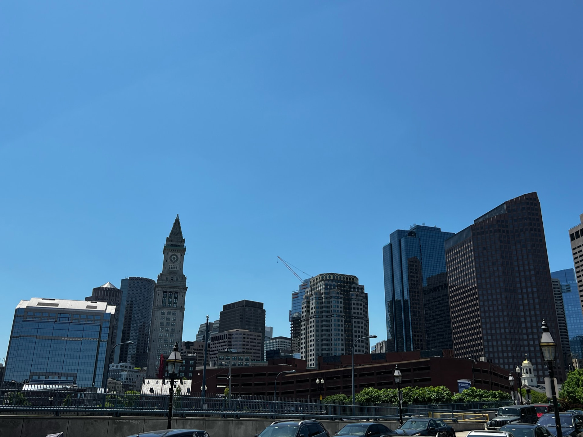Boston skyline under a cloudless blue sky