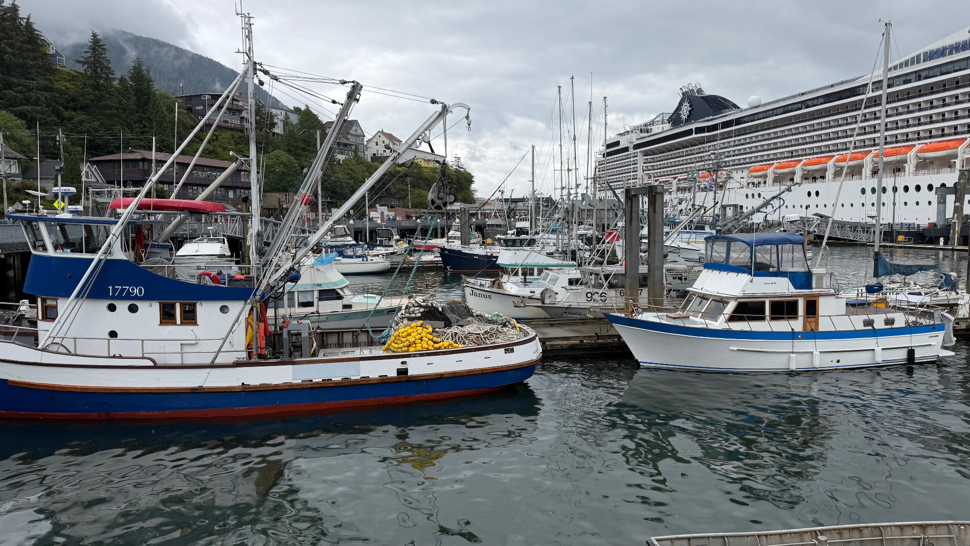 Fishing boats moored in Ketchikan's marina with nets and floats on deck, hillside houses behind and a large cruise ship at the dock