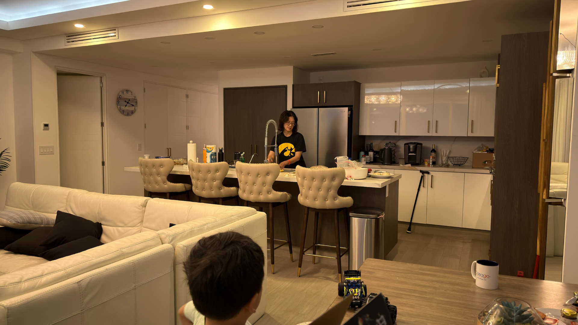 Family apartment kitchen with dinner preparations underway