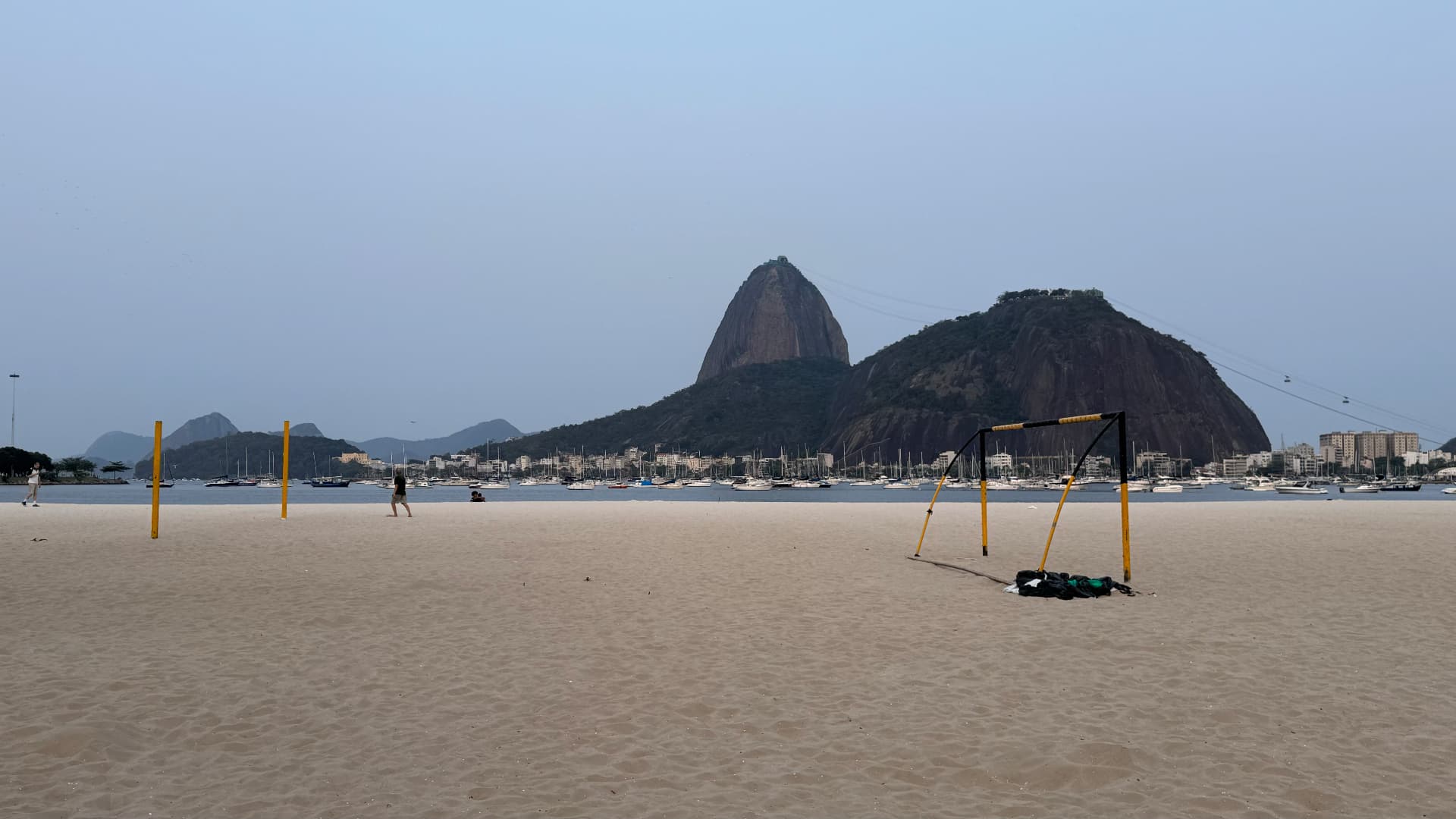 Botafogo Beach volleyball courts with Sugarloaf Mountain beyond