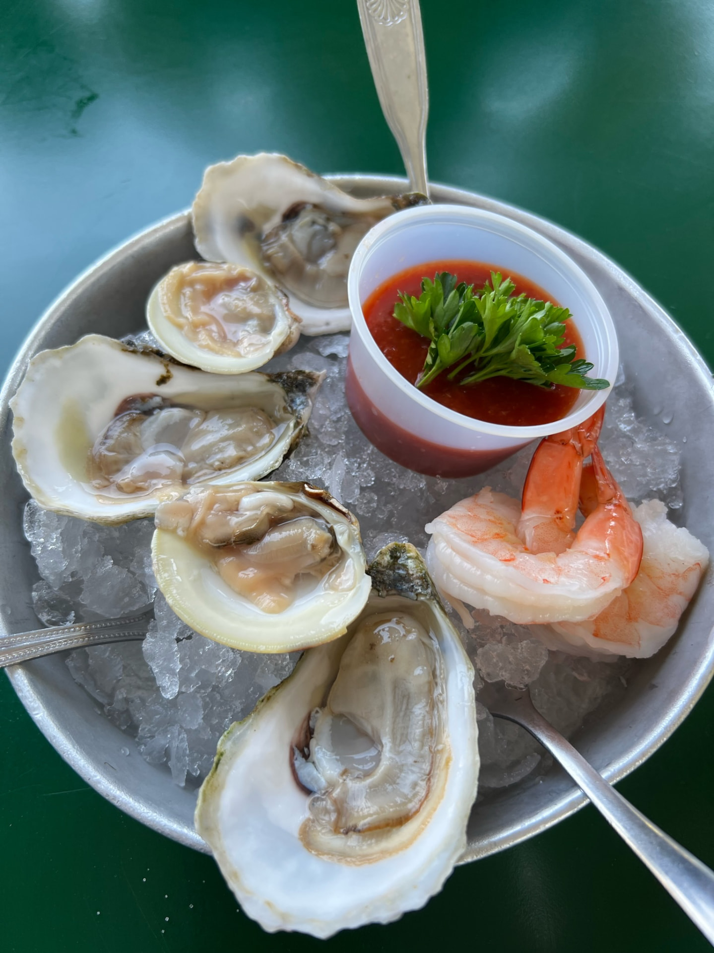 Oysters and shrimp served over ice