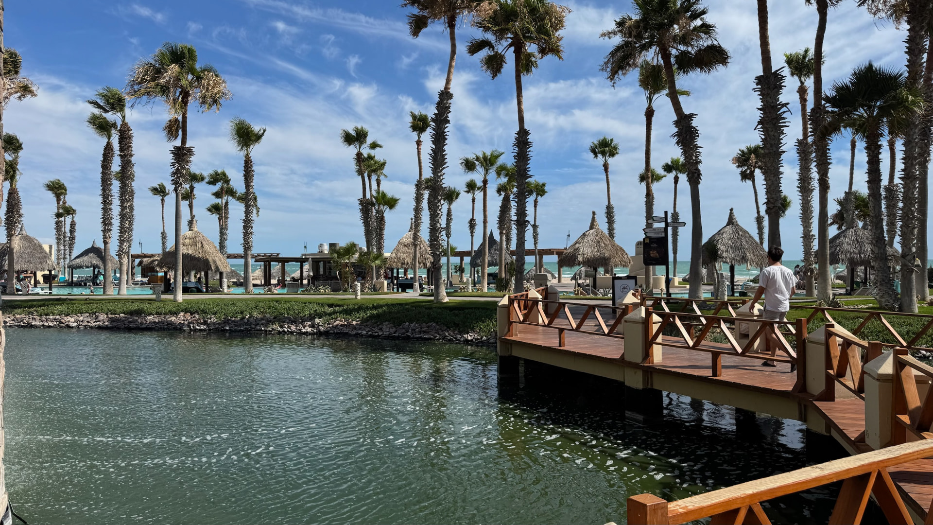 Palm-lined footbridge crossing a lagoon toward the beach