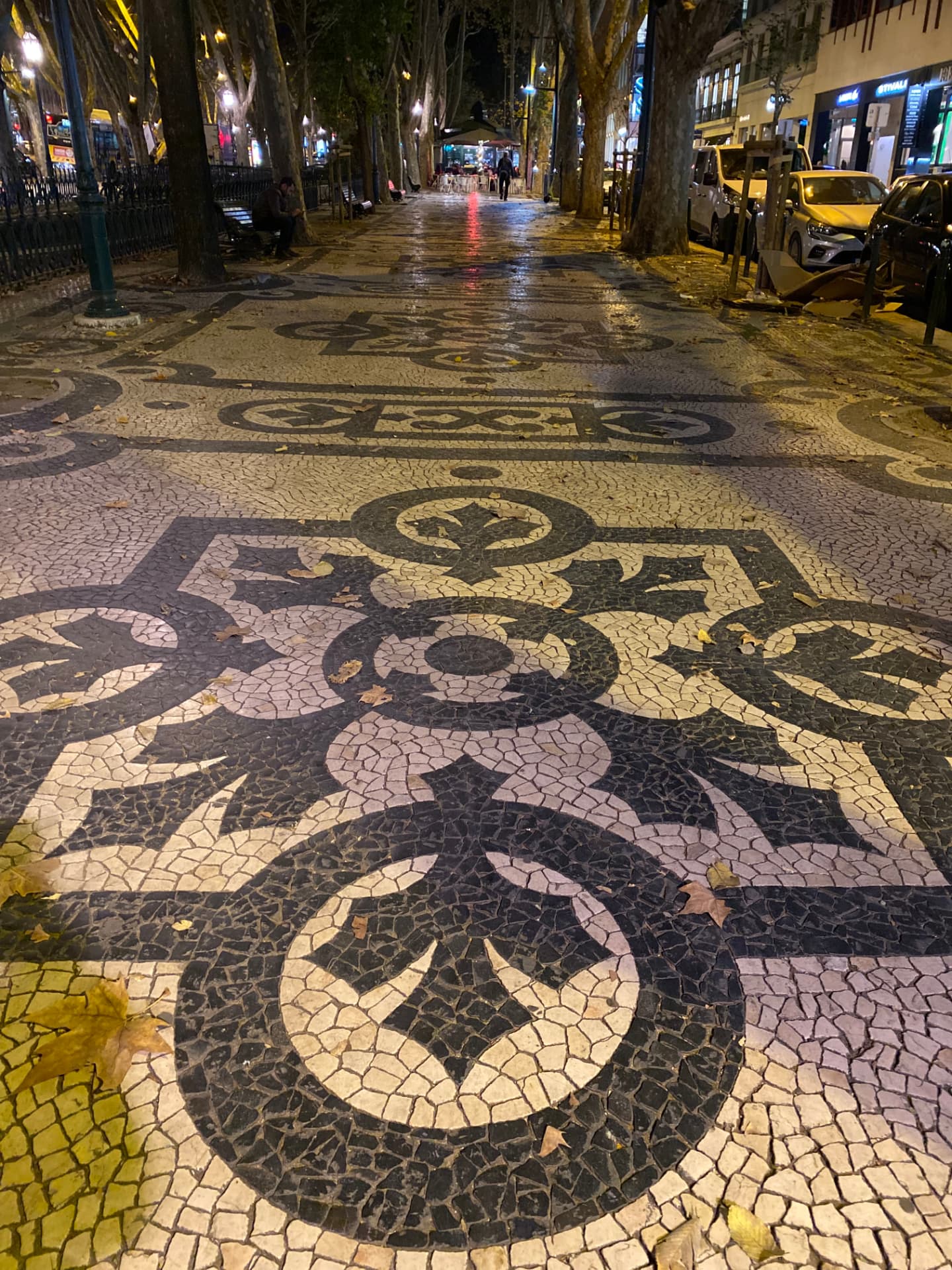 Black and white mosaic paving stones in a Lisbon walkway