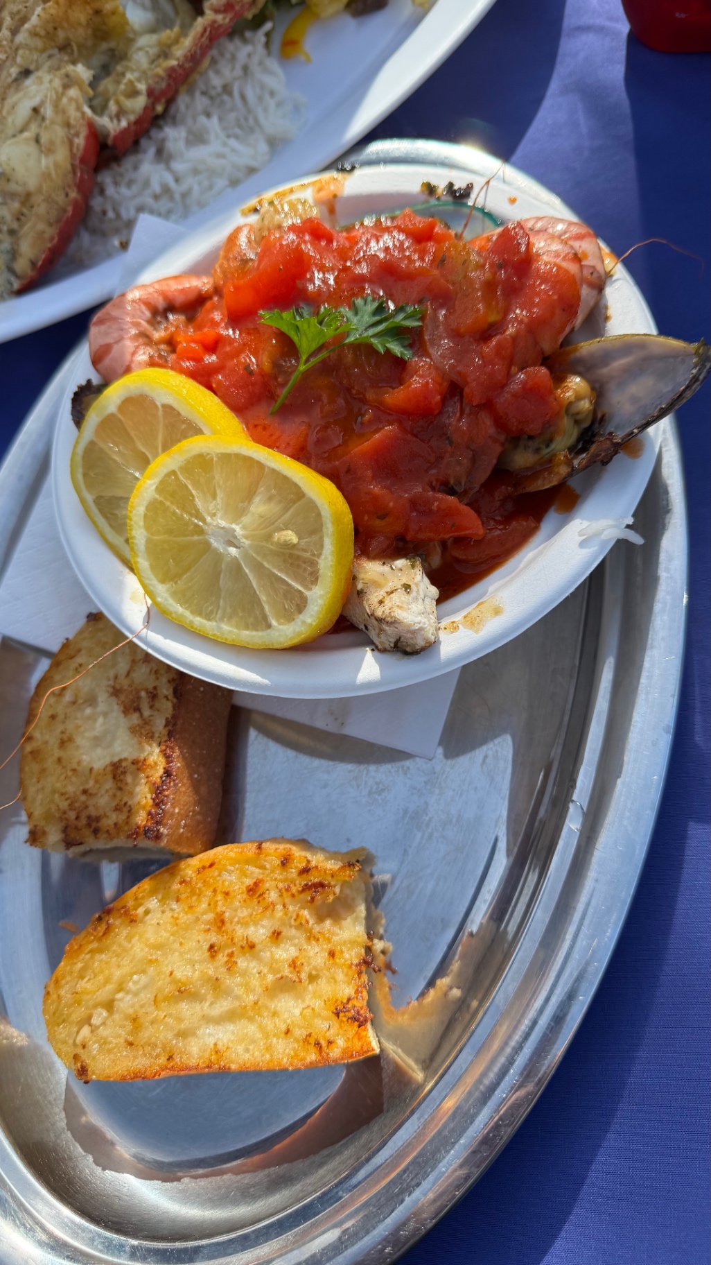A seafood platter of prawns, mussels and fish in tomato sauce with lemon slices and garlic bread