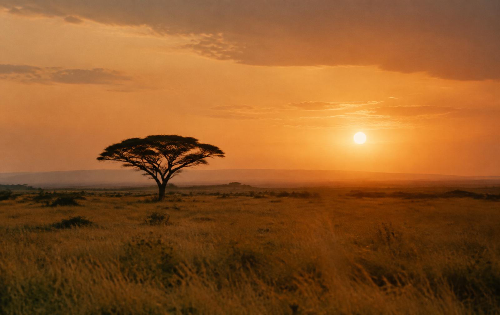 A lone acacia tree on the savanna at golden hour