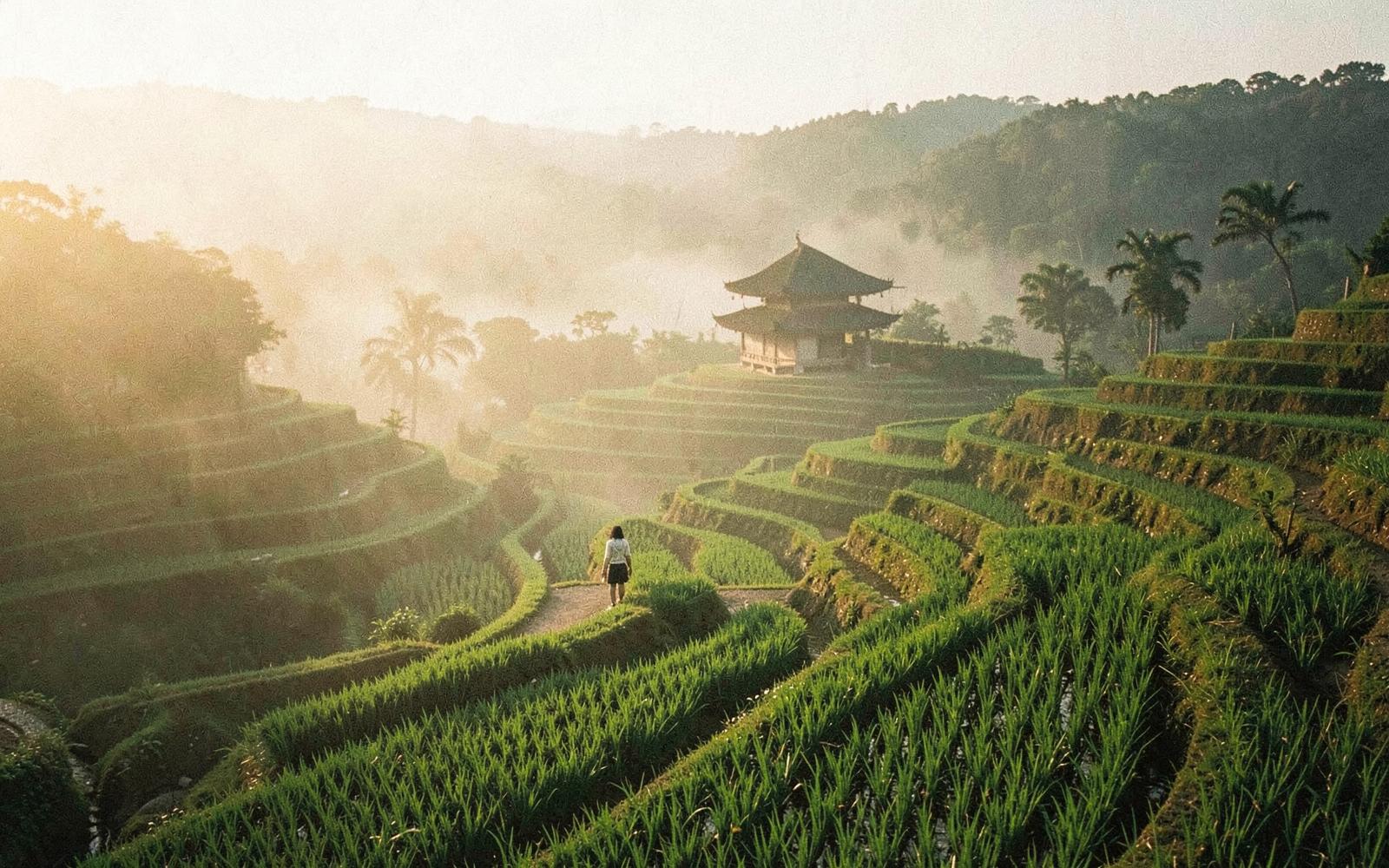 Green rice terraces in morning mist with a temple roof on the ridge