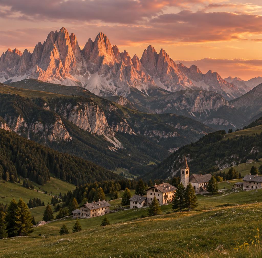 Dolomites jagged pale limestone peaks glowing pink and gold at sunset above green alpine meadows and a small stone village