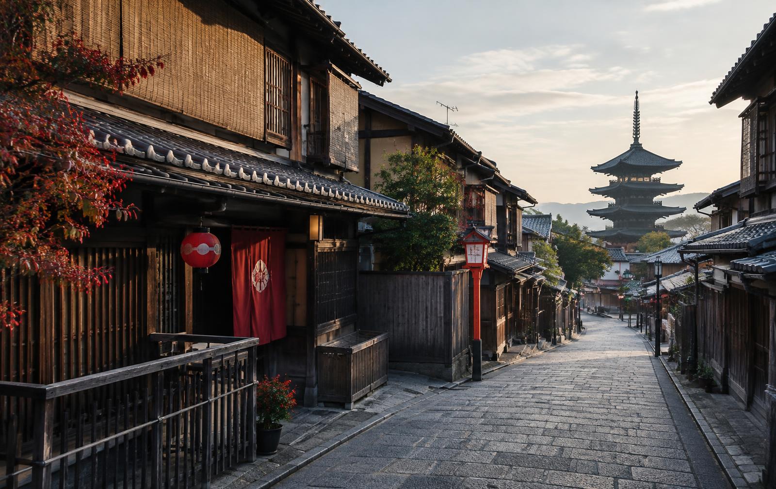 A quiet traditional street in Kyoto leading toward a pagoda in soft morning light