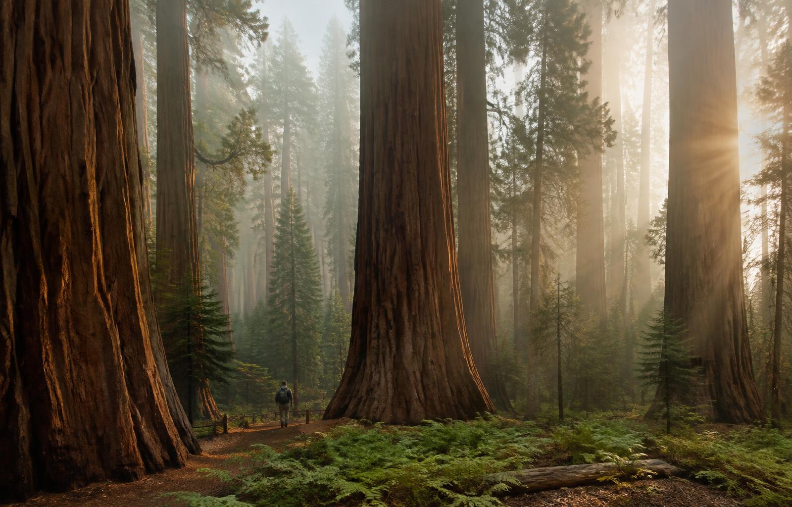 Towering giant sequoia trunks in a misty Sierra Nevada forest with morning light and a lone walker on the trail